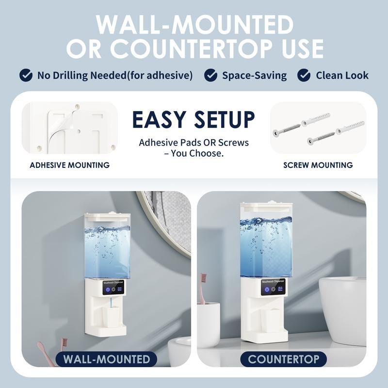 Automatic Mouthwash Dispenser for Bathroom – 700ML Touchless Wall-Mounted & Countertop Electric Dispenser, Rechargeable Mouthwash Dispenser with 3 Adjustable Dispensing Levels & Magnetic Cups