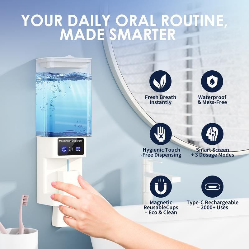 Automatic Mouthwash Dispenser for Bathroom – 700ML Touchless Wall-Mounted & Countertop Electric Dispenser, Rechargeable Mouthwash Dispenser with 3 Adjustable Dispensing Levels & Magnetic Cups